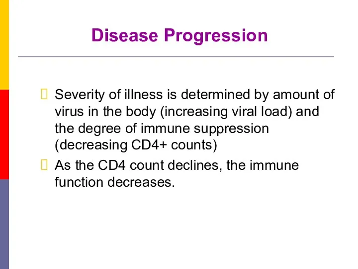 Disease Progression Severity of illness is determined by amount of virus in the