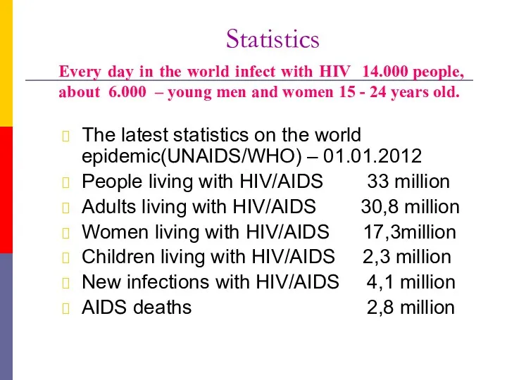Statistics The latest statistics on the world epidemic(UNAIDS/WHO) – 01.01.2012 People living with