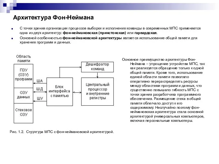 Архитектура Фон-Неймана С точки зрения организации процессов выборки и исполнения