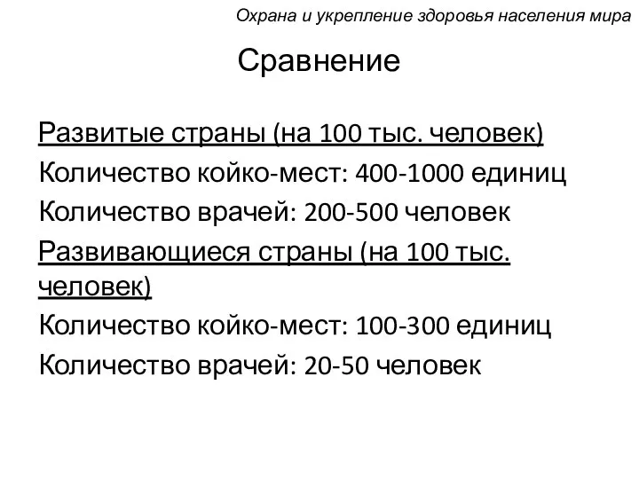 Сравнение Развитые страны (на 100 тыс. человек) Количество койко-мест: 400-1000