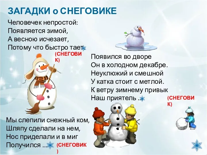 ЗАГАДКИ о СНЕГОВИКЕ Человечек непростой: Появляется зимой, А весною исчезает,