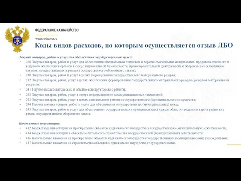 Коды видов расходов, по которым осуществляется отзыв ЛБО Закупка товаров, работ и услуг