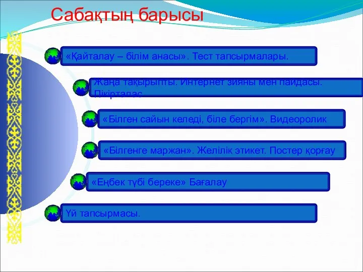 Сабақтың барысы «Қайталау – білім анасы». Тест тапсырмалары. Жаңа тақырыпты. Интернет зияны мен