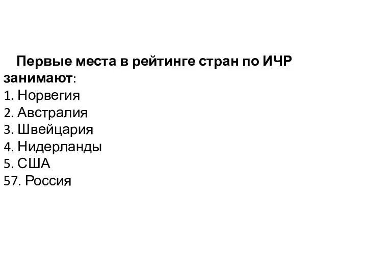 Первые места в рейтинге стран по ИЧР занимают: 1. Норвегия