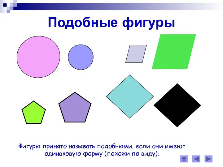 Подобные фигуры Фигуры принято называть подобными, если они имеют одинаковую форму (похожи по виду).