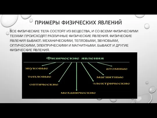 ПРИМЕРЫ ФИЗИЧЕСКИХ ЯВЛЕНИЙ ВСЕ ФИЗИЧЕСКИЕ ТЕЛА СОСТОЯТ ИЗ ВЕЩЕСТВА, И