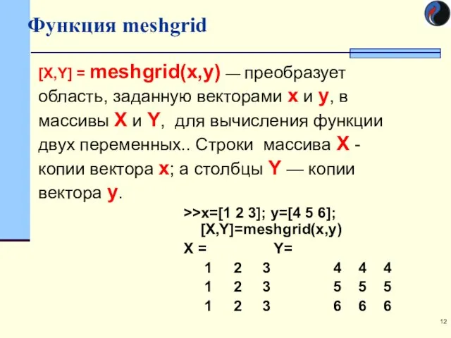 Функция meshgrid >>x=[1 2 3]; y=[4 5 6]; [X,Y]=meshgrid(x,y) X