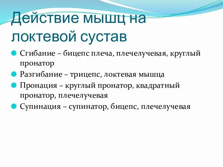 Действие мышц на локтевой сустав Сгибание – бицепс плеча, плечелучевая,