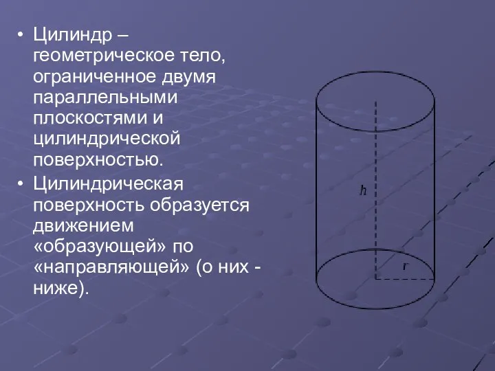 Цилиндр – геометрическое тело, ограниченное двумя параллельными плоскостями и цилиндрической