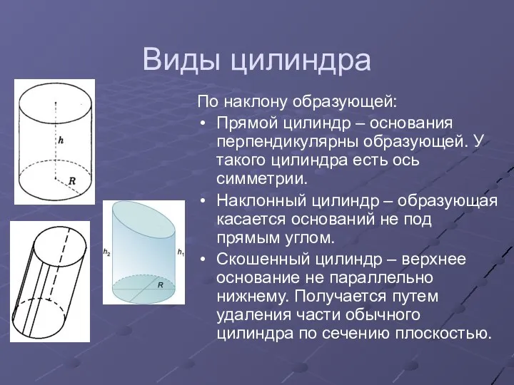 Виды цилиндра По наклону образующей: Прямой цилиндр – основания перпендикулярны