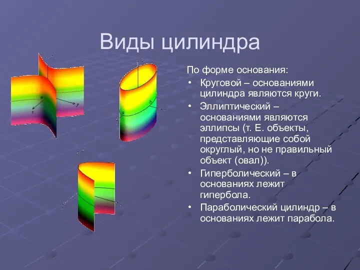 Виды цилиндра По форме основания: Круговой – основаниями цилиндра являются