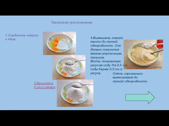 Технология приготовления: 1.Соединить творог и яйца. 3,Высыпать 4 ст.л сахара