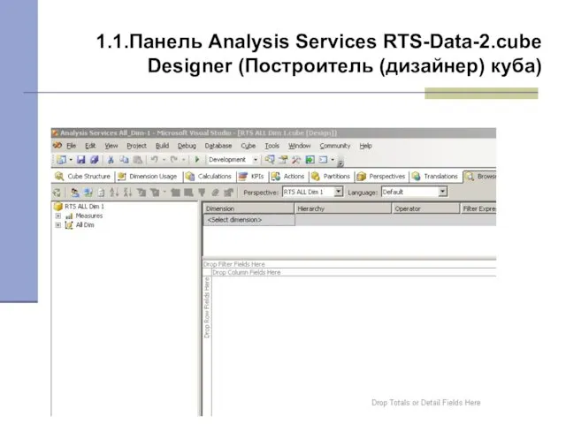 1.1.Панель Analysis Services RTS-Data-2.cube Designer (Построитель (дизайнер) куба)‏