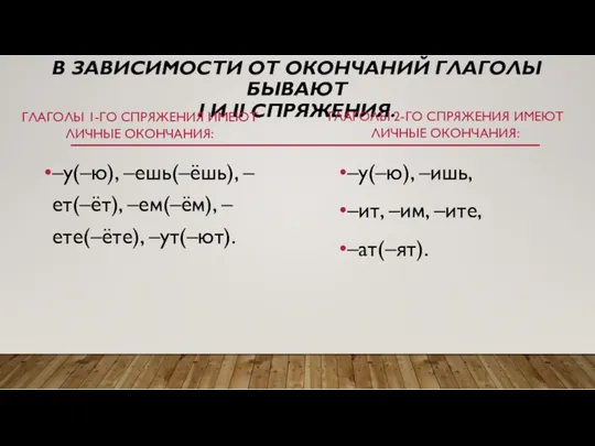 В ЗАВИСИМОСТИ ОТ ОКОНЧАНИЙ ГЛАГОЛЫ БЫВАЮТ I И II СПРЯЖЕНИЯ.