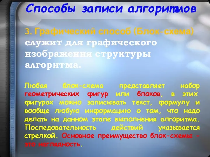 3. Графический способ (Блок-схема) служит для графического изображения структуры алгоритма.