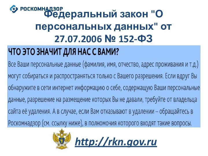 Федеральный закон "О персональных данных" от 27.07.2006 № 152-ФЗ http://rkn.gov.ru