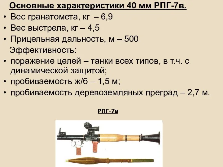 Основные характеристики 40 мм РПГ-7в. Вес гранатомета, кг – 6,9