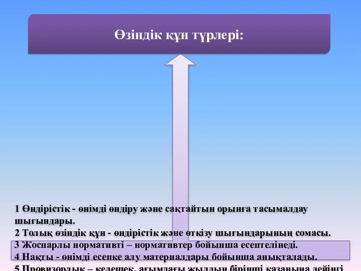 1 Өндірістік - өнімді өндіру және сақтайтын орынға тасымалдау шығындары.