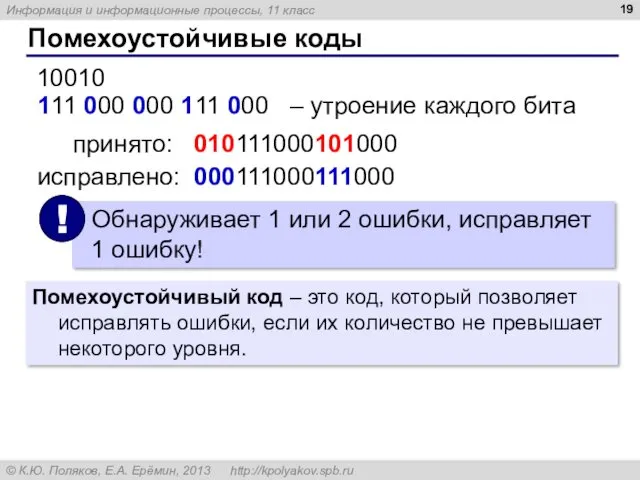 Помехоустойчивые коды 111 000 000 111 000 – утроение каждого