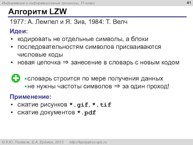 Алгоритм LZW 1977: А. Лемпел и Я. Зив, 1984: Т.