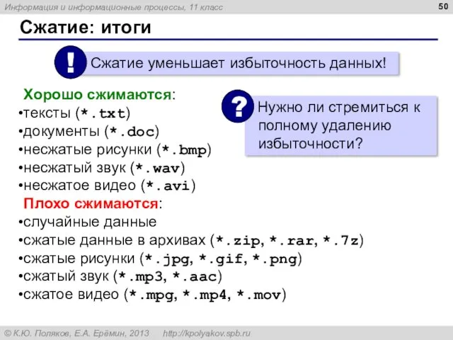 Сжатие: итоги Хорошо сжимаются: тексты (*.txt) документы (*.doc) несжатые рисунки