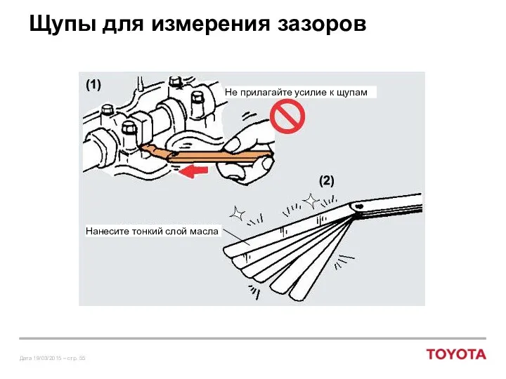 Щупы для измерения зазоров Не прилагайте усилие к щупам Нанесите тонкий слой масла