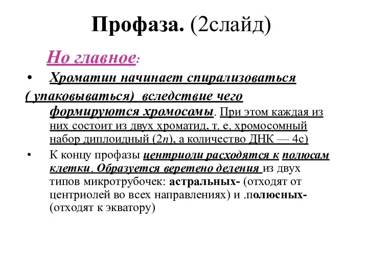 Профаза. (2слайд) Но главное: Хроматин начинает спирализоваться ( упаковываться) вследствие