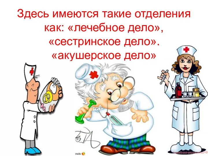 Здесь имеются такие отделения как: «лечебное дело», «сестринское дело», «акушерское дело»