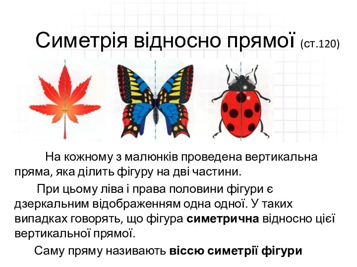 Симетрія відносно прямої (ст.120) На кожному з малюнків проведена вертикальна пряма, яка ділить