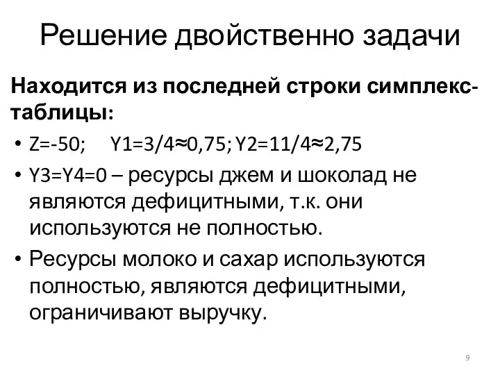 Решение двойственно задачи Находится из последней строки симплекс-таблицы: Z=-50; Y1=3/4≈0,75; Y2=11/4≈2,75 Y3=Y4=0 –