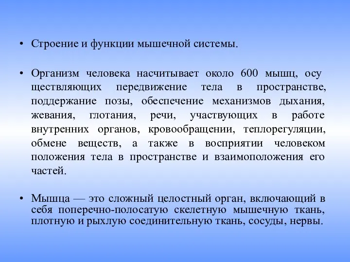 Строение и функции мышечной системы. Организм человека насчитывает около 600