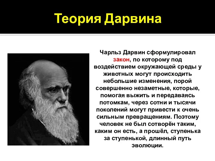 Теория Дарвина Чарльз Дарвин сформулировал закон, по которому под воздействием