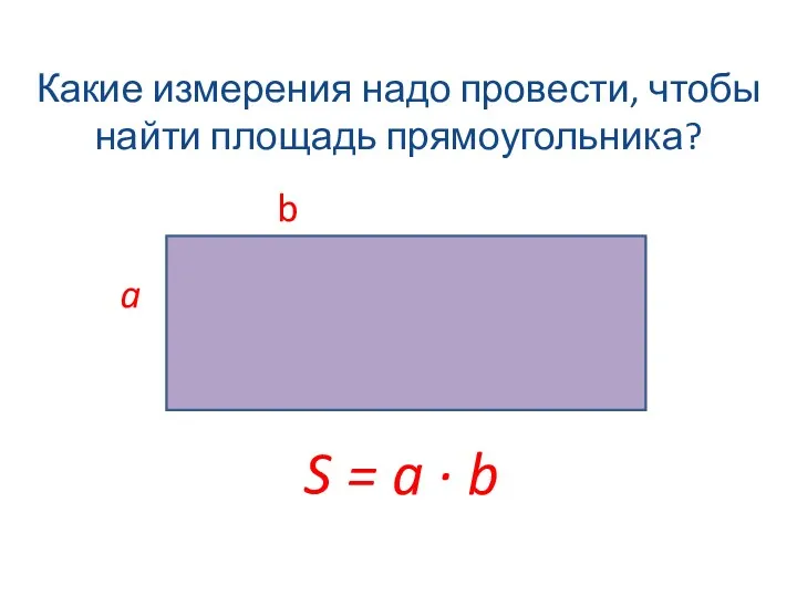 Какие измерения надо провести, чтобы найти площадь прямоугольника? b a S = a · b