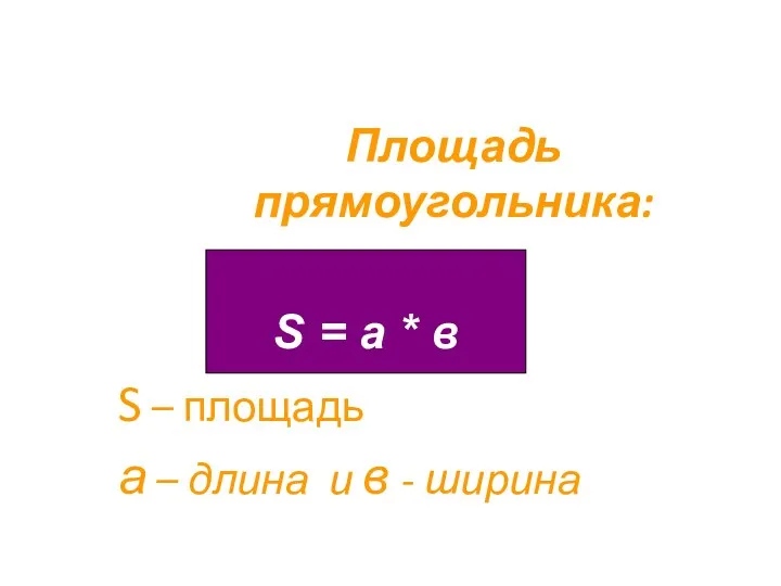 Площадь прямоугольника: S – площадь а – длина и в