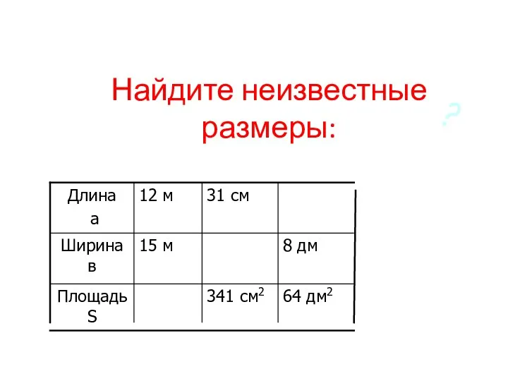 Найдите неизвестные размеры: 64 дм2 341 см2 Площадь S 8