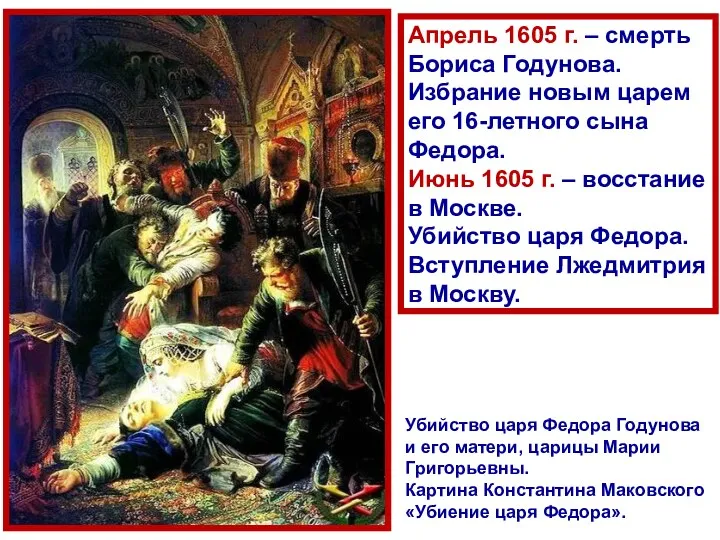 Апрель 1605 г. – смерть Бориса Годунова. Избрание новым царем его 16-летного сына