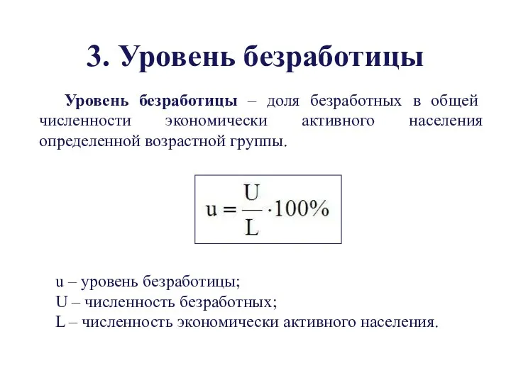 3. Уровень безработицы Уровень безработицы – доля безработных в общей