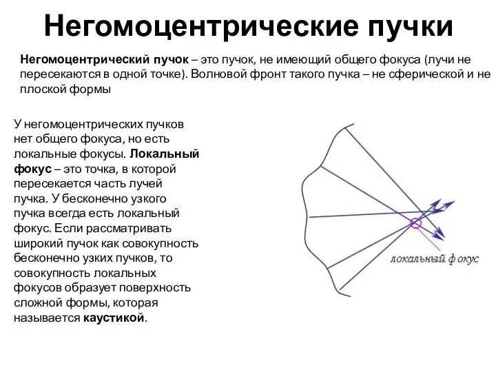 Негомоцентрические пучки У негомоцентрических пучков нет общего фокуса, но есть