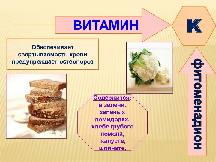 ВИТАМИН K Обеспечивает свертываемость крови, предупреждает остеопороз Содержится: в зелени,