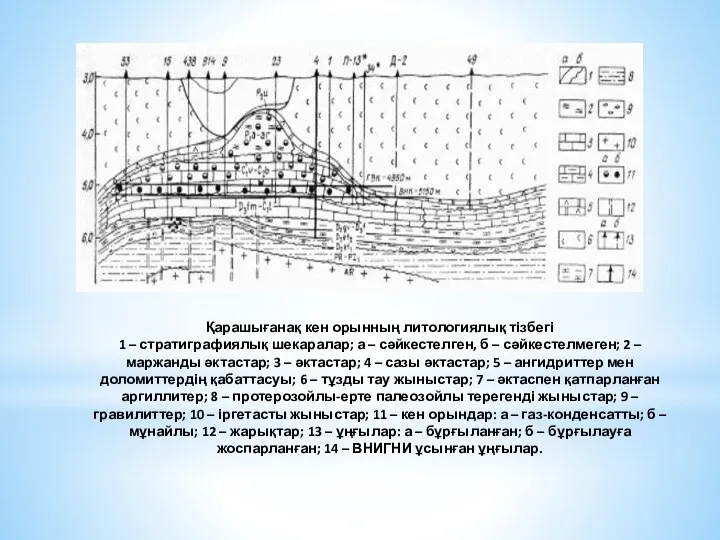 Қарашығанақ кен орынның литологиялық тізбегі 1 – стратиграфиялық шекаралар; а