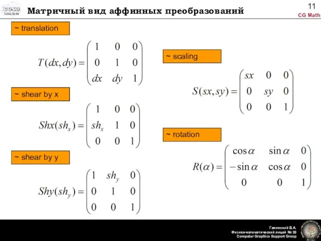 Матричный вид аффинных преобразований ~ translation ~ translation ~ shear