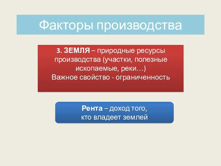 Факторы производства 3. ЗЕМЛЯ – природные ресурсы производства (участки, полезные
