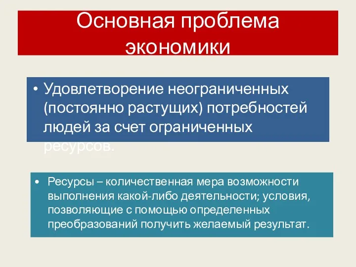 Основная проблема экономики Удовлетворение неограниченных (постоянно растущих) потребностей людей за