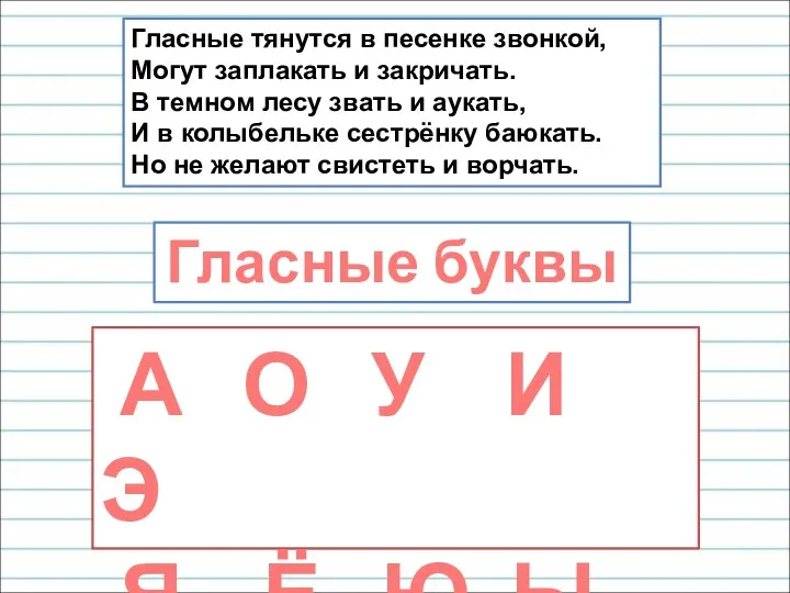 Гласные тянутся в песенке звонкой, Могут заплакать и закричать. В