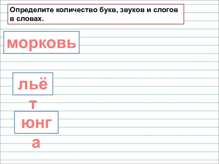 морковь льёт Определите количество букв, звуков и слогов в словах. юнга