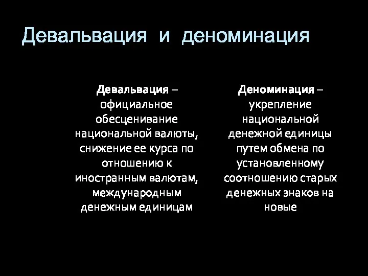 Девальвация и деноминация Девальвация – официальное обесценивание национальной валюты, снижение