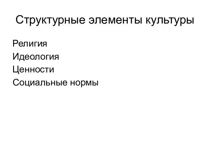 Структурные элементы культуры Религия Идеология Ценности Социальные нормы