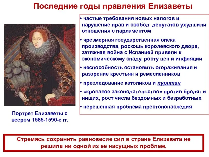 Последние годы правления Елизаветы Портрет Елизаветы с веером 1585-1590-е гг. частые требования новых