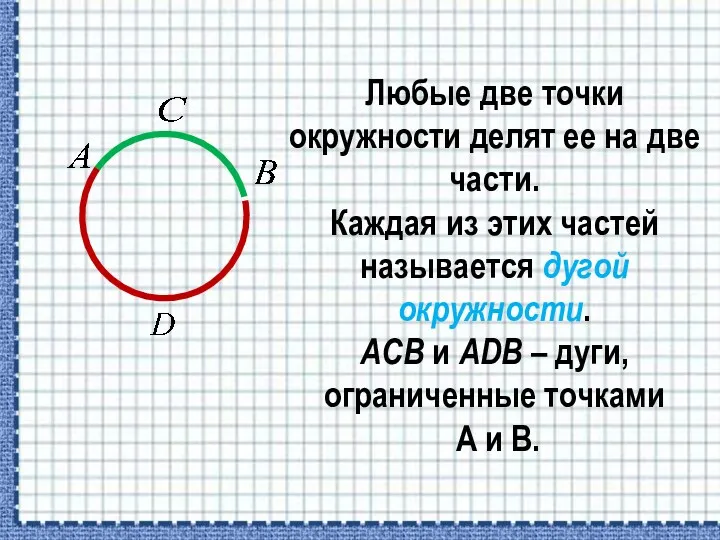 Любые две точки окружности делят ее на две части. Каждая