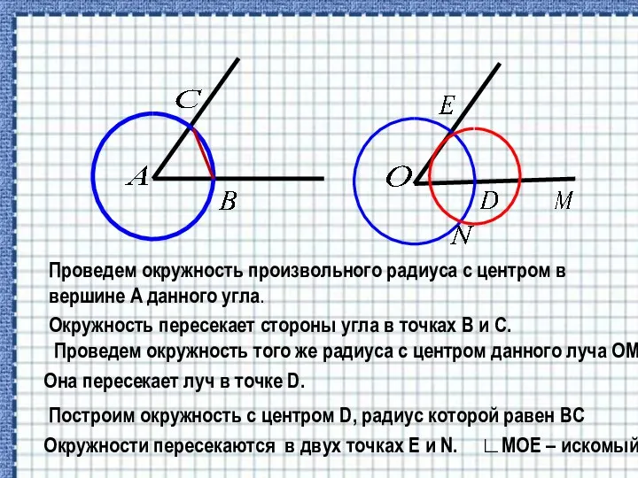 Проведем окружность произвольного радиуса с центром в вершине A данного